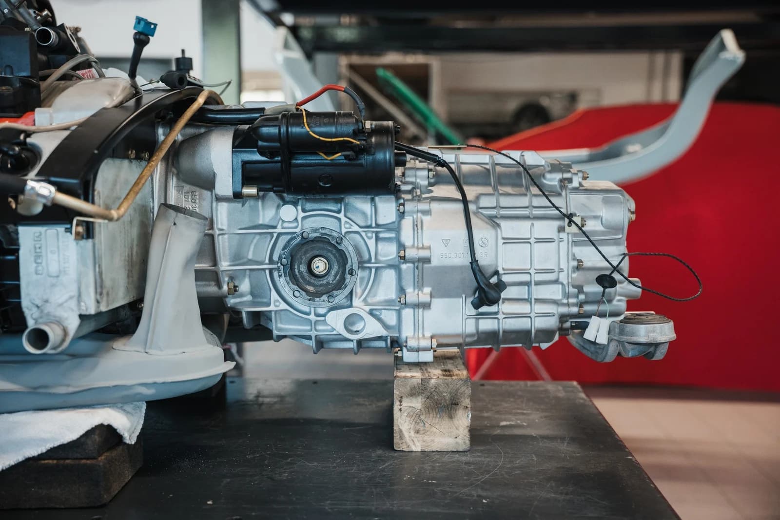 Restored Porsche 930 drivetrain during assembly