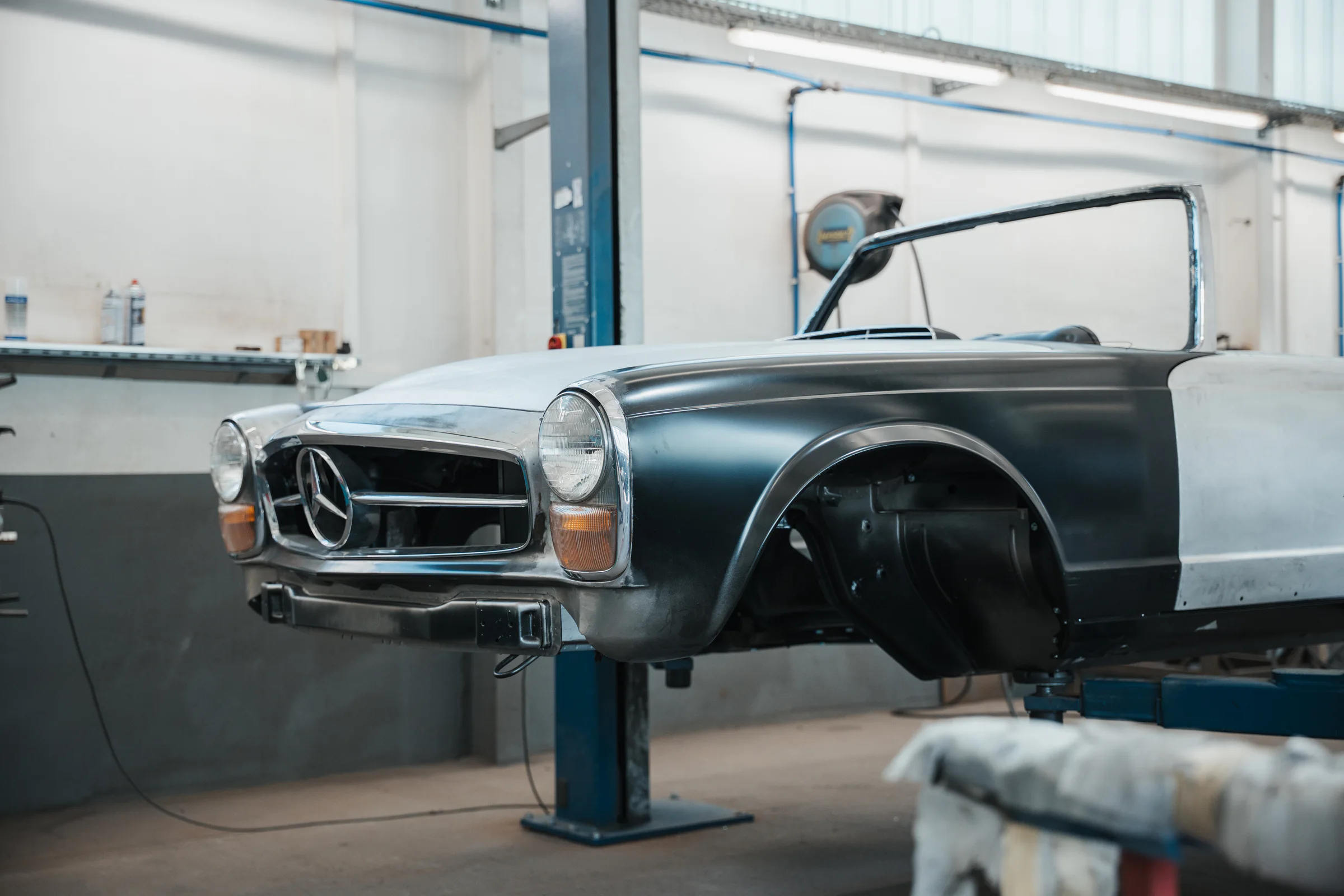 Mercedes-Benz Pagoda undergoing body restoration in Stuttgart